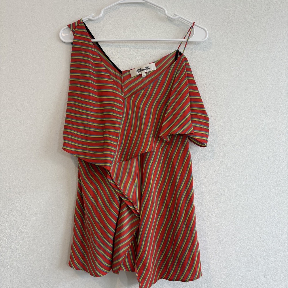 Diane Von Furstenberg Tank Size M Striped Ruffle Asymmetrical Sleeve Blouse Red